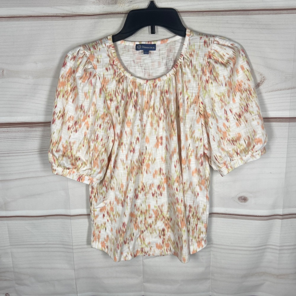 Democracy Puff Sleeve Blouse Womens XS Multicolor Abstract Ikat Textured Top